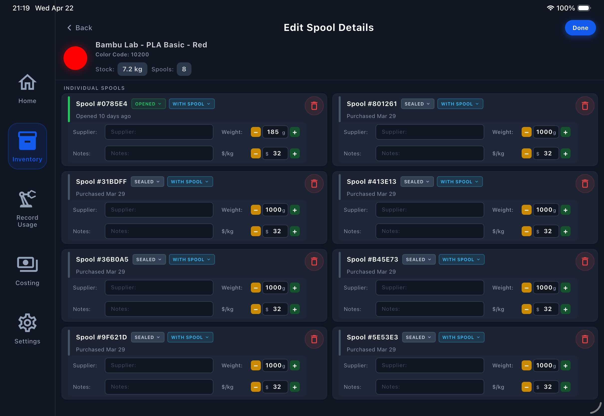 Filament Genius tablet interface for filament and spool management